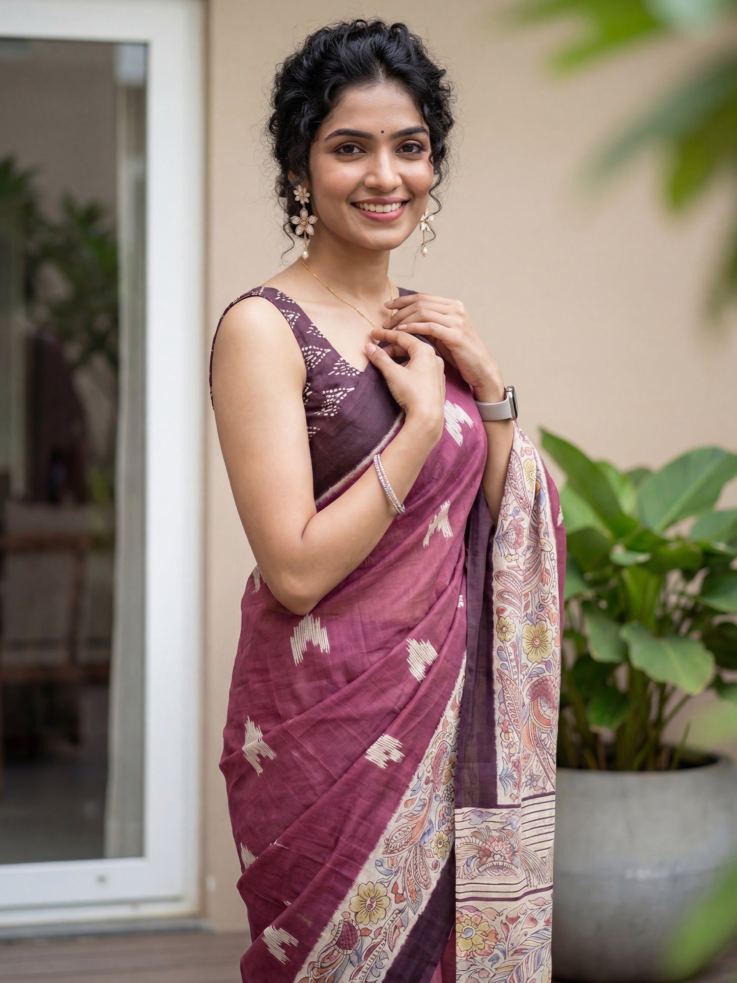 WINE MADHUBANI PRINTED SAREE - Ressa