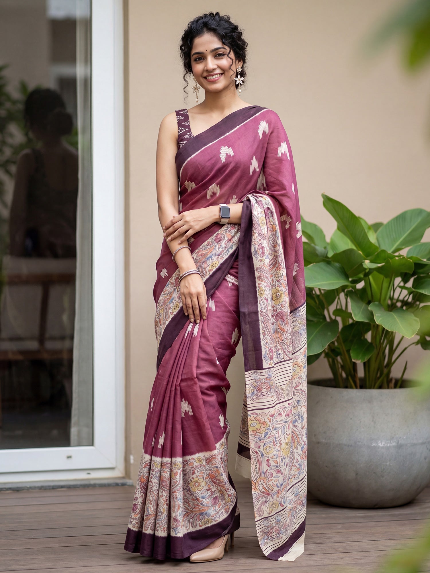 WINE MADHUBANI PRINTED SAREE - Ressa