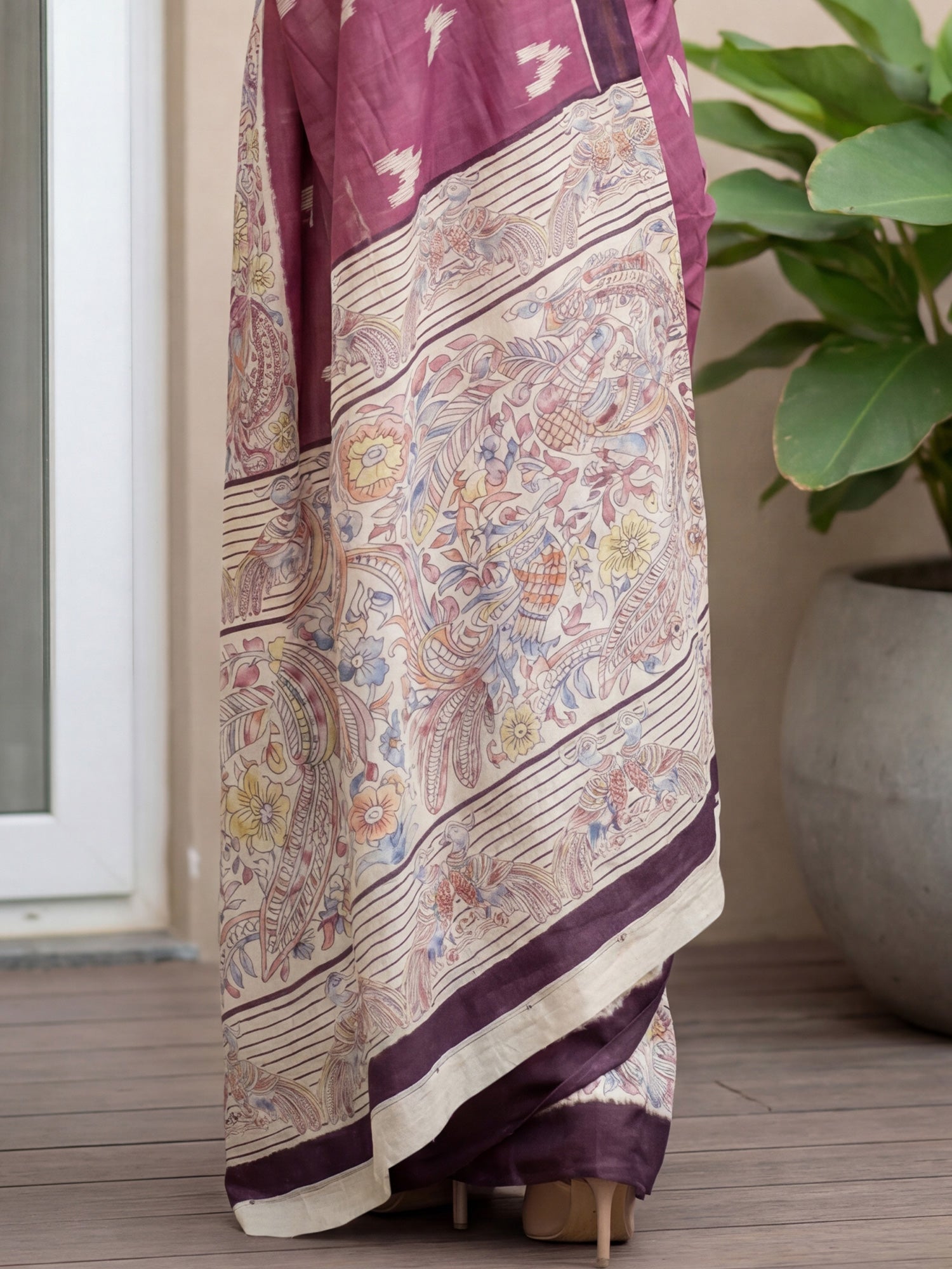 WINE MADHUBANI PRINTED SAREE - Ressa