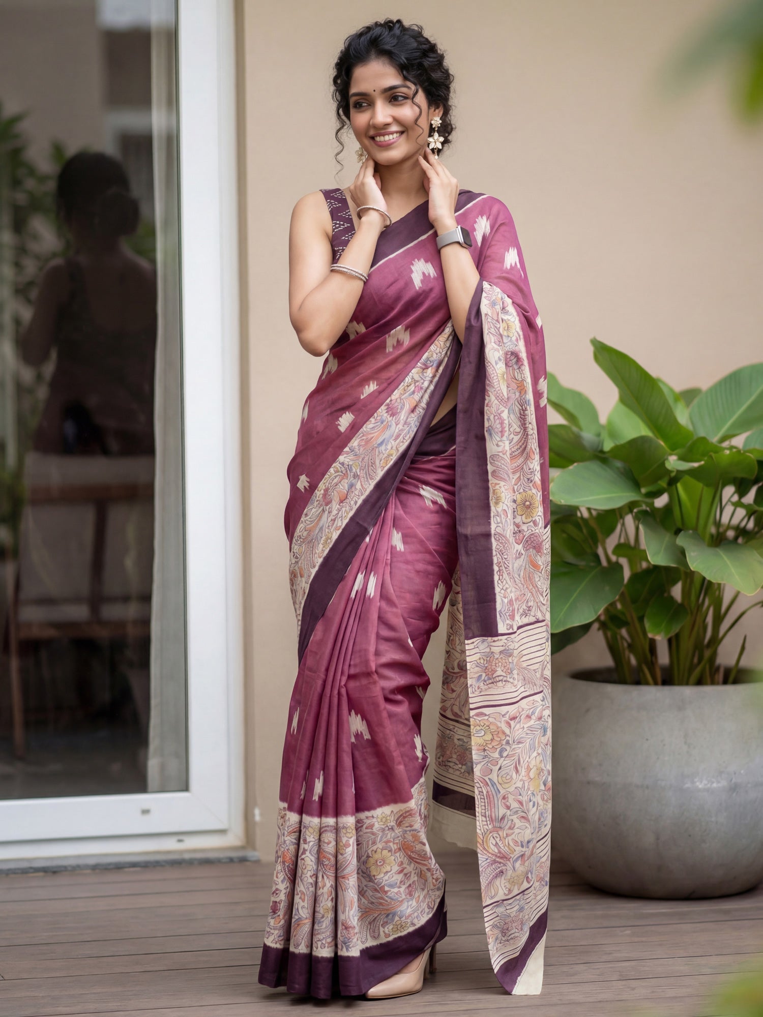 WINE MADHUBANI PRINTED SAREE - Ressa
