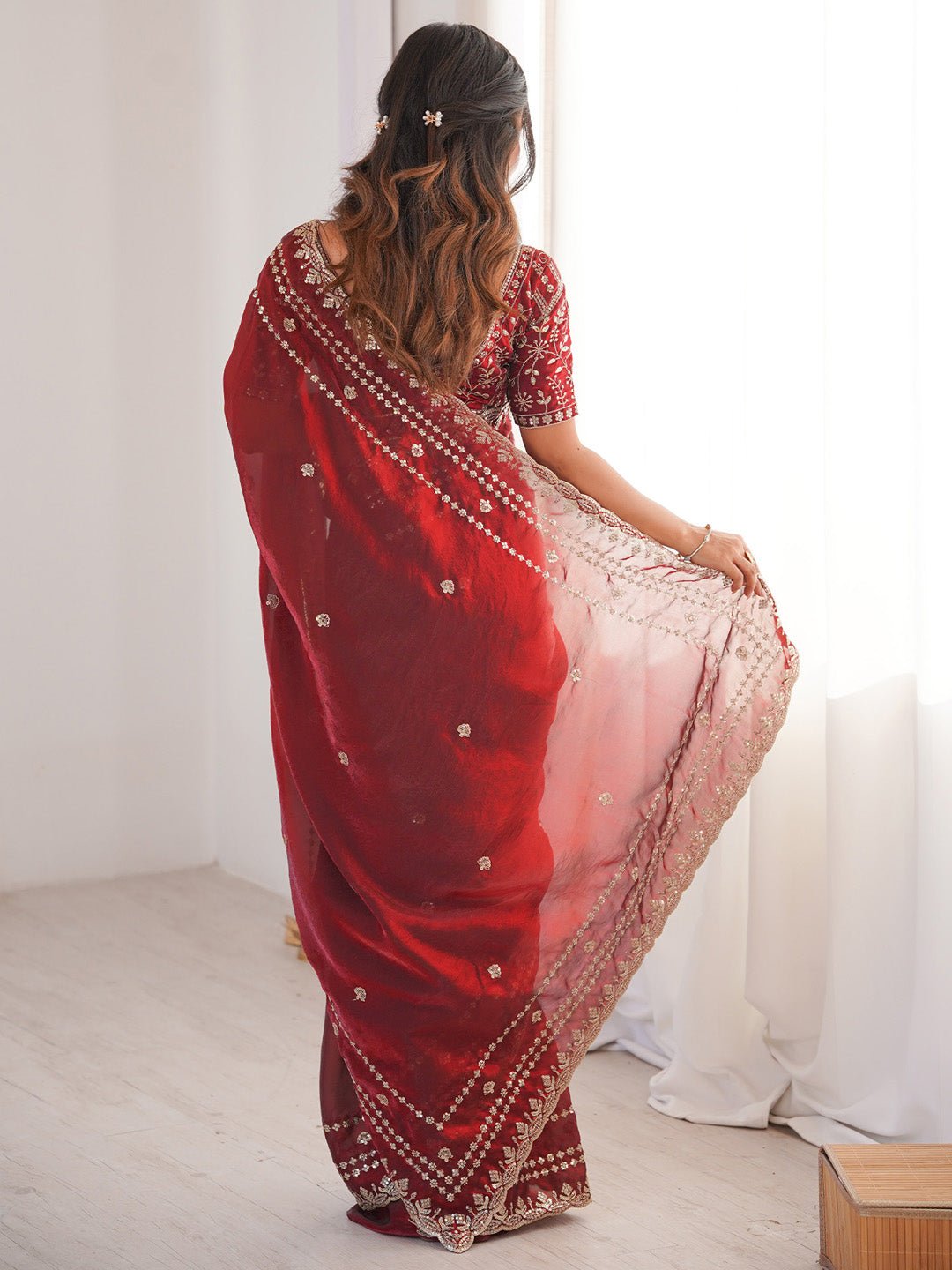 Wine Maroon Satin Emblished Party Wear Saree - Ressa