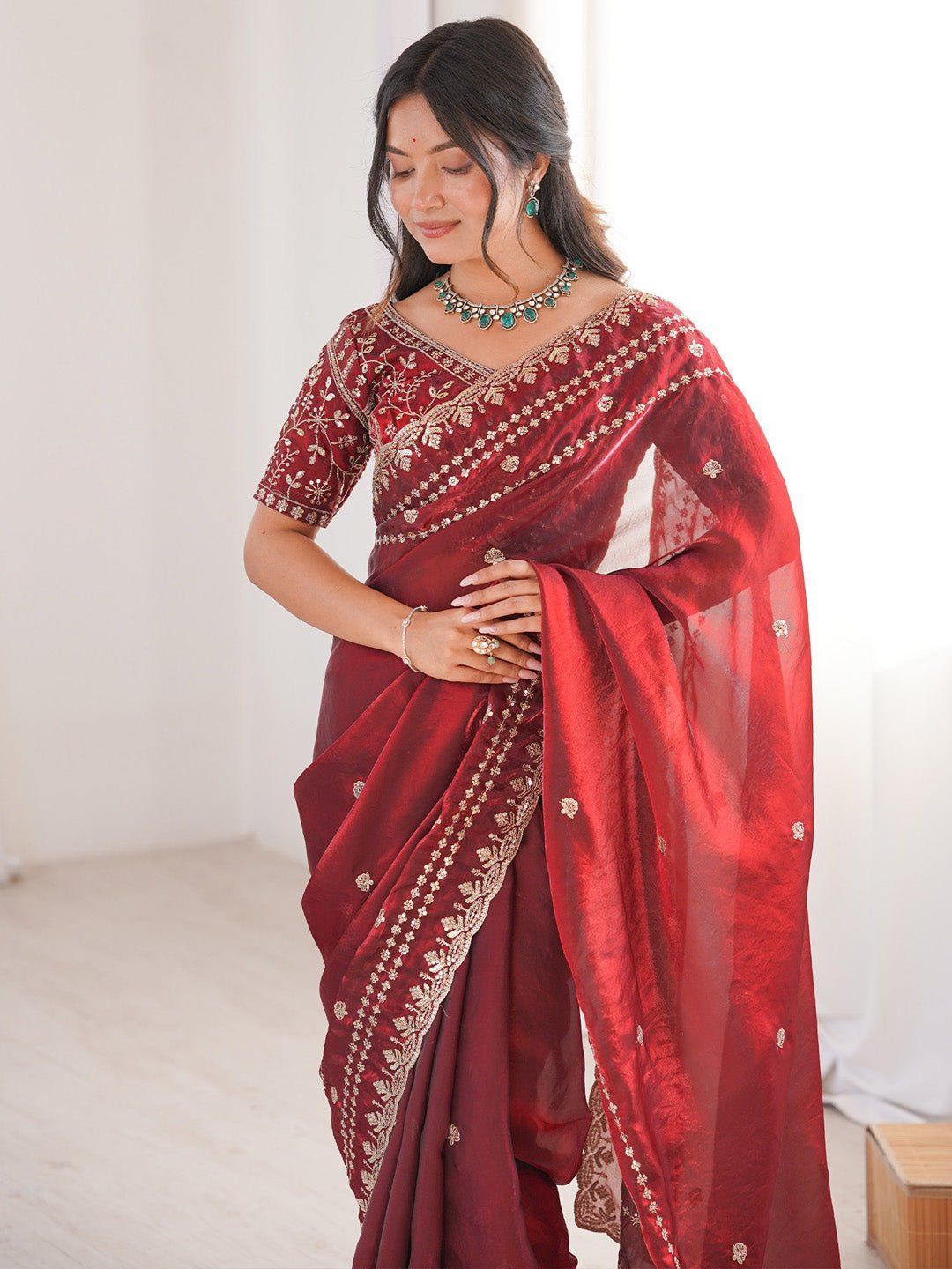 Wine Maroon Satin Emblished Party Wear Saree - Ressa