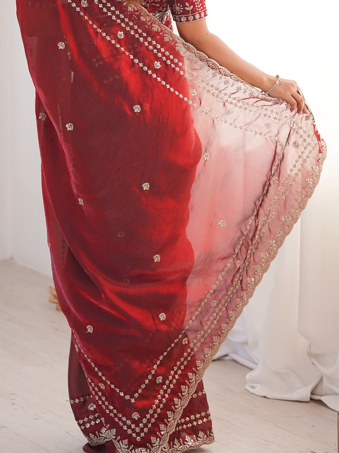 Wine Maroon Satin Emblished Party Wear Saree - Ressa