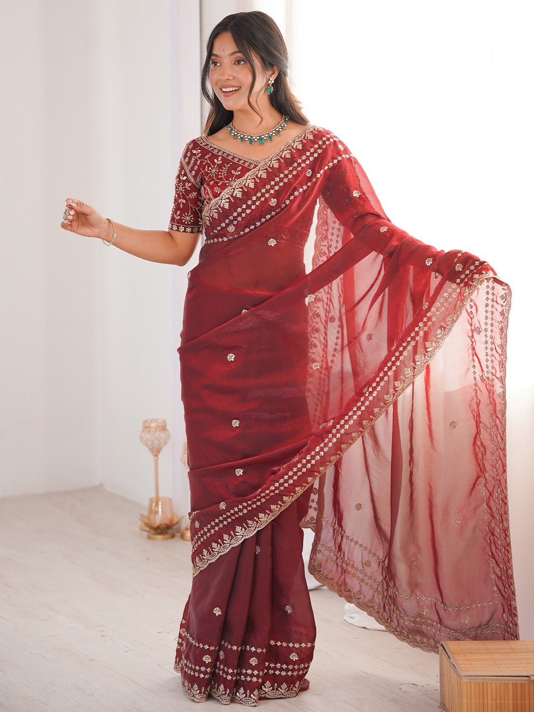 Wine Maroon Satin Emblished Party Wear Saree - Ressa