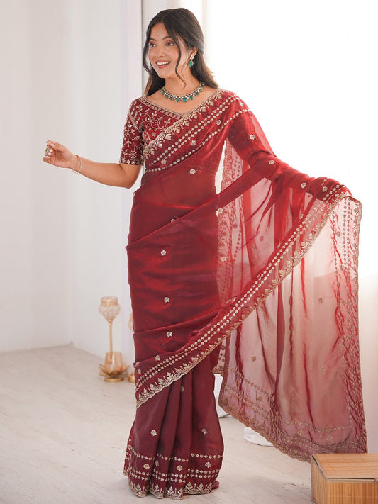 Wine Maroon Satin Emblished Party Wear Saree - Ressa