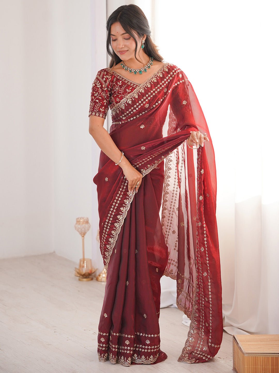 Wine Maroon Satin Emblished Party Wear Saree - Ressa