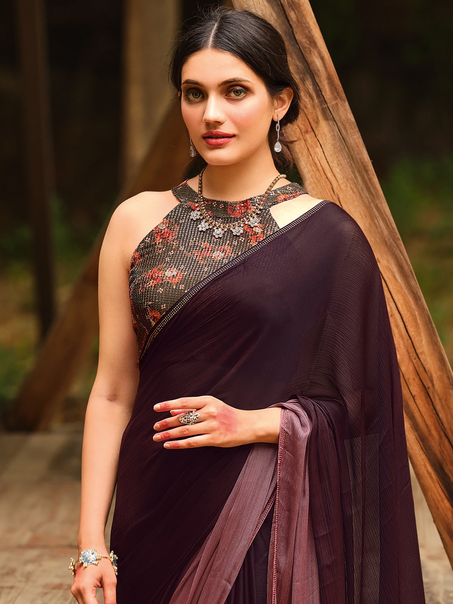 Wine & Mauve Ombre Chiffon Saree - Ressa