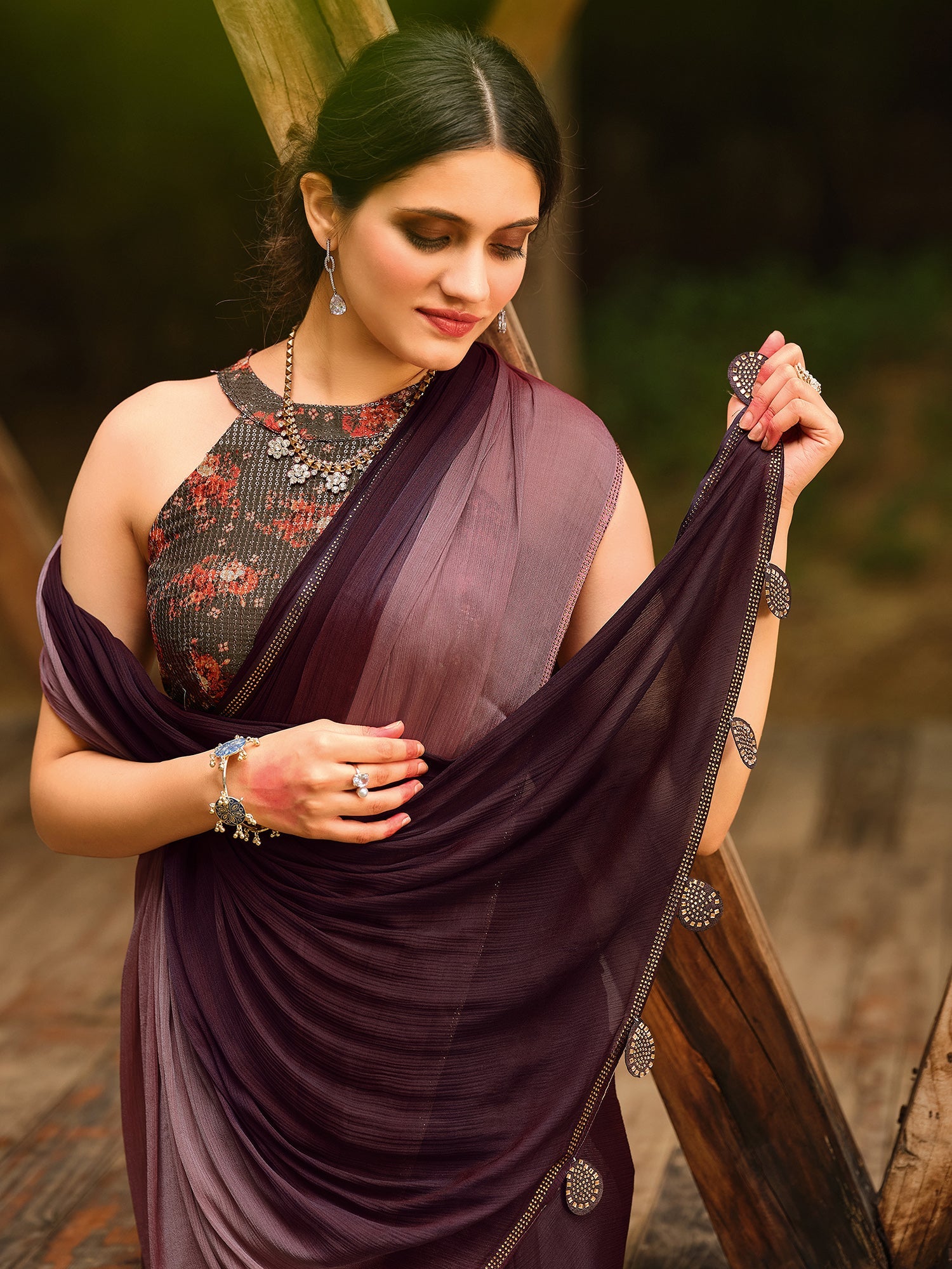 Wine & Mauve Ombre Chiffon Saree - Ressa