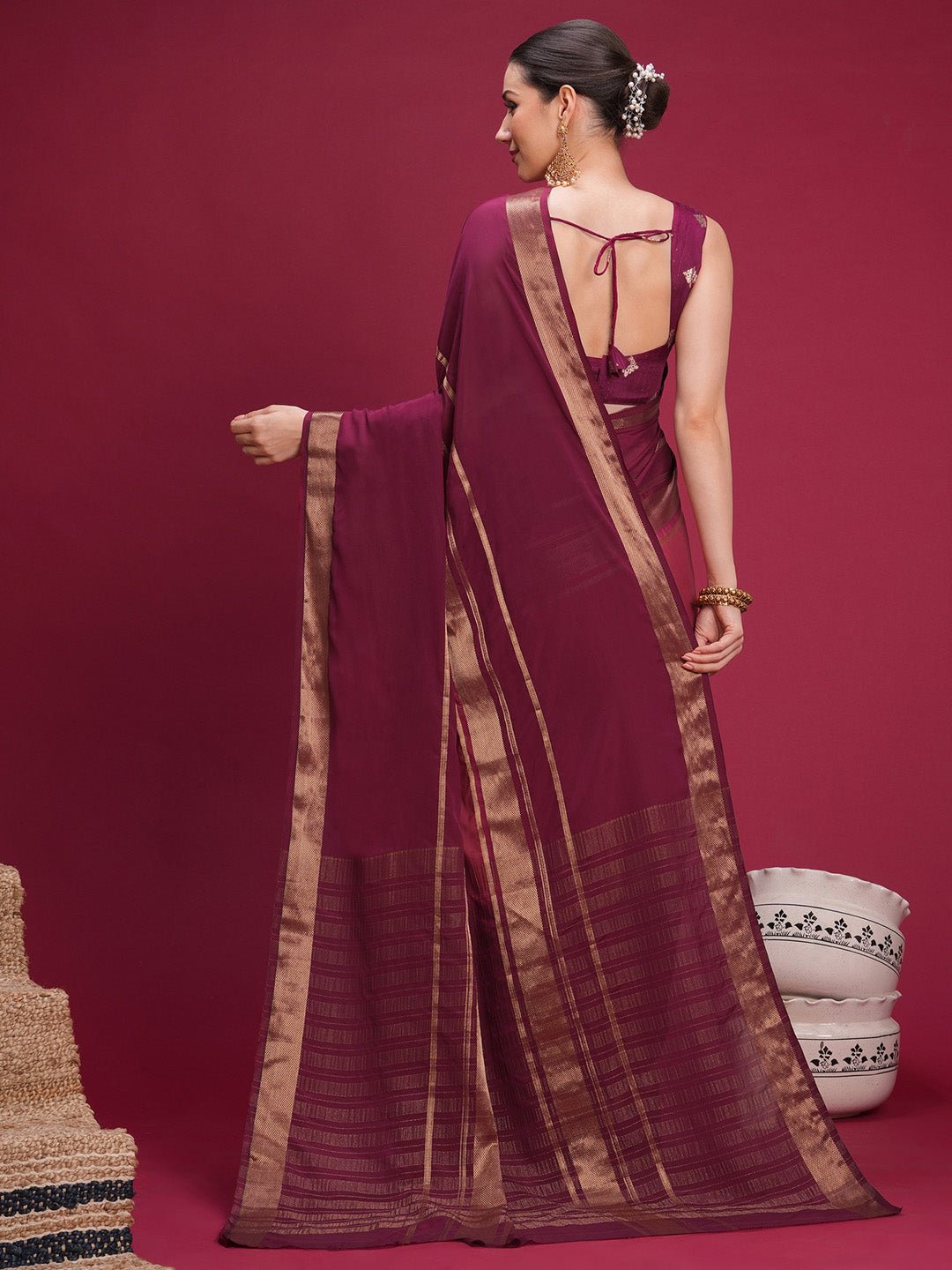 Wine Mysore Silk Banarasi Pattern Saree - Ressa