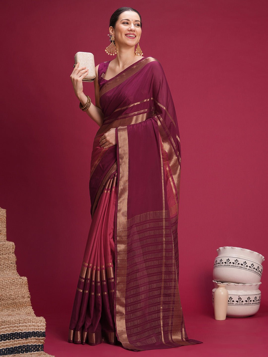 Wine Mysore Silk Banarasi Pattern Saree - Ressa