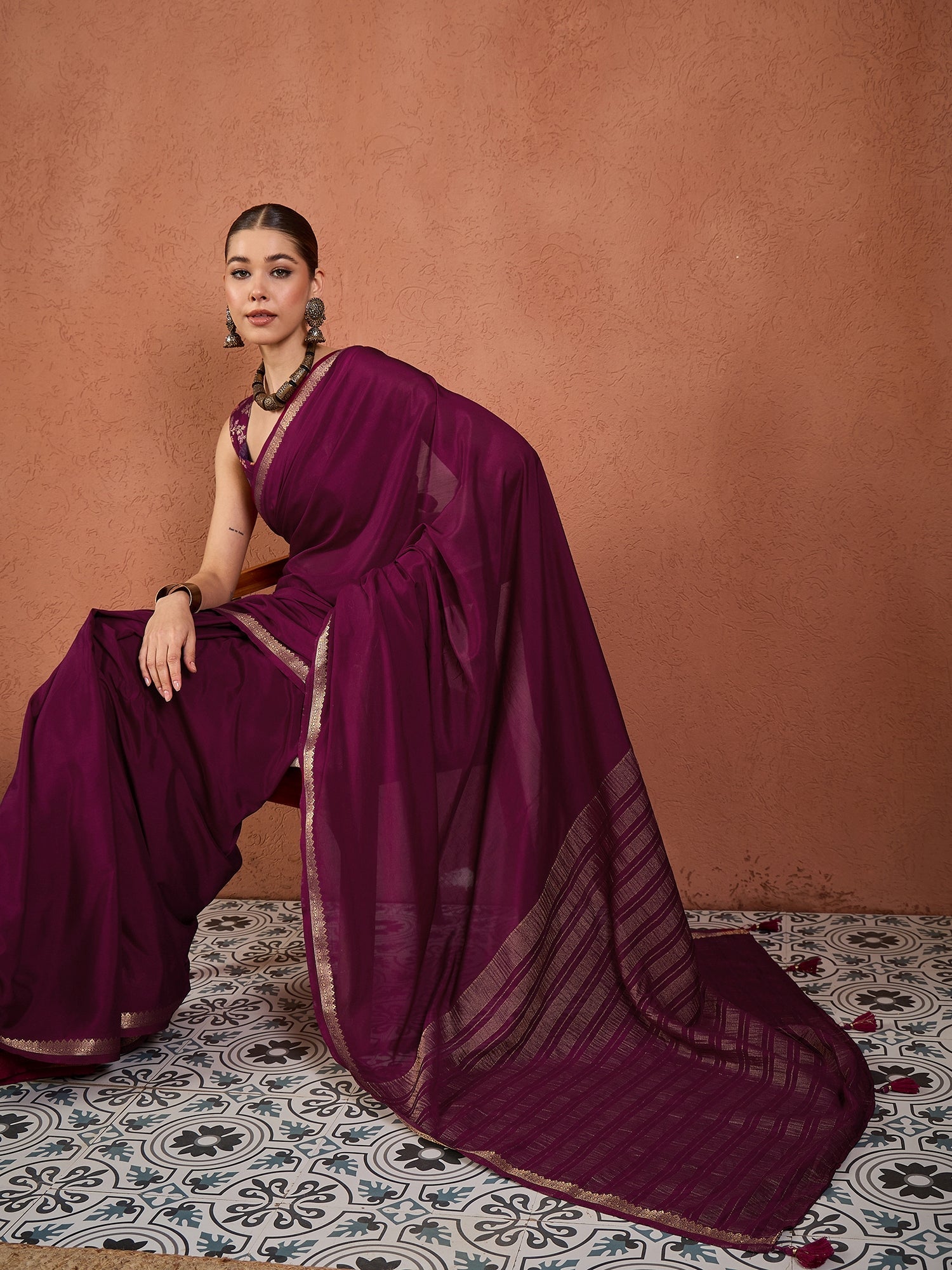 Wine Mysore Silk Saree with Zari Border - Ressa
