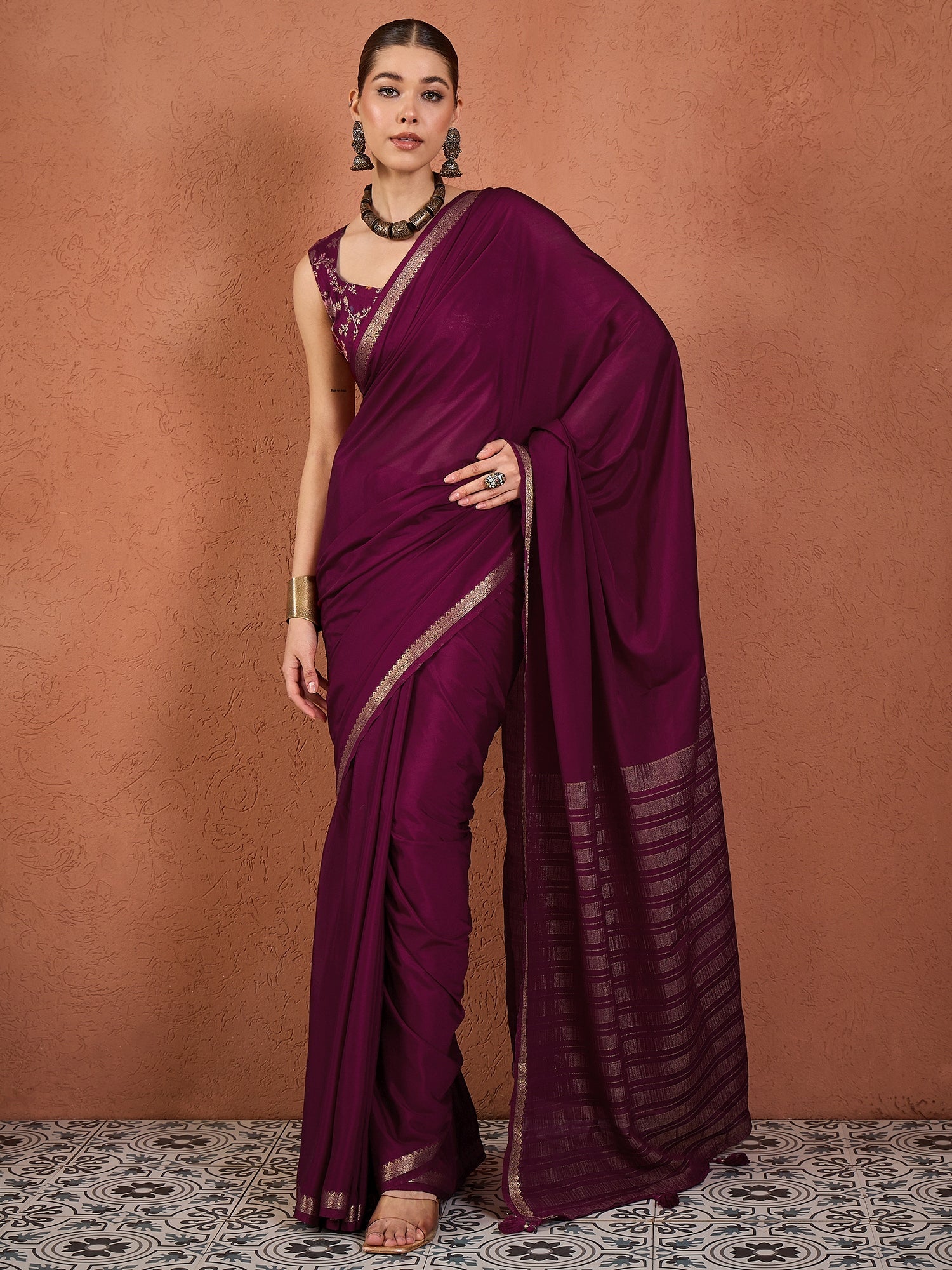 Wine Mysore Silk Saree with Zari Border - Ressa