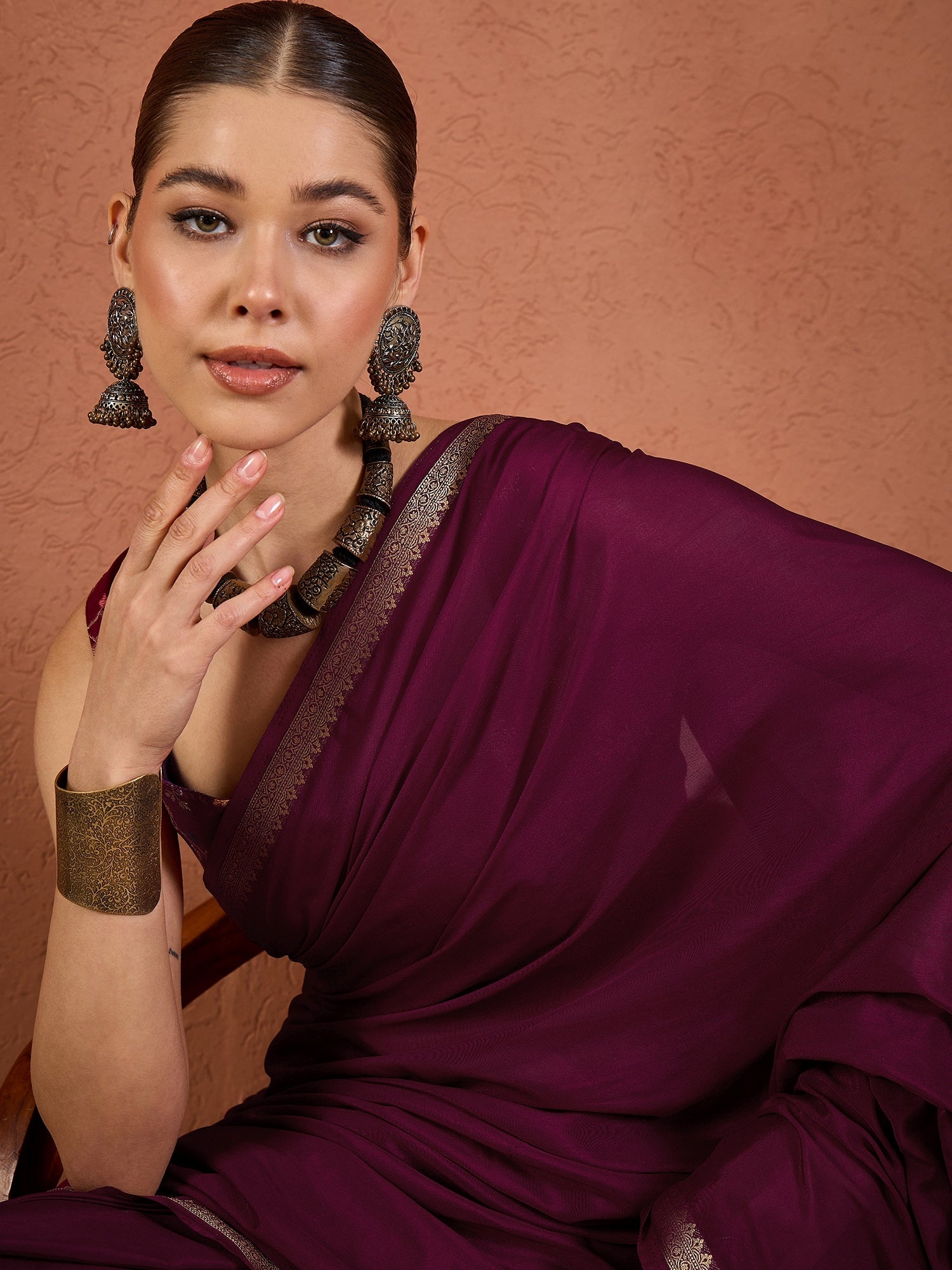 Wine Mysore Silk Saree with Zari Border - Ressa