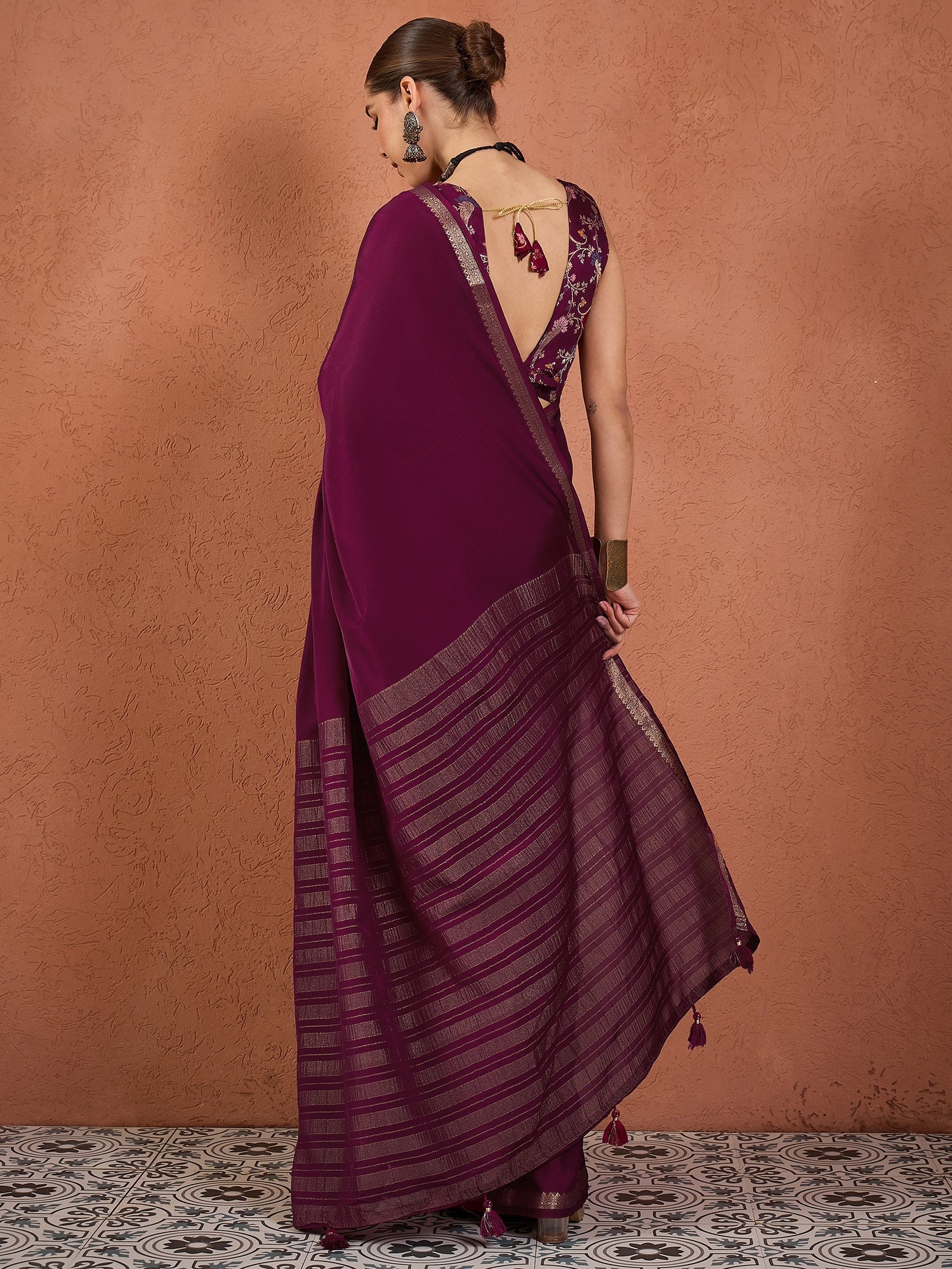 Wine Mysore Silk Saree with Zari Border - Ressa
