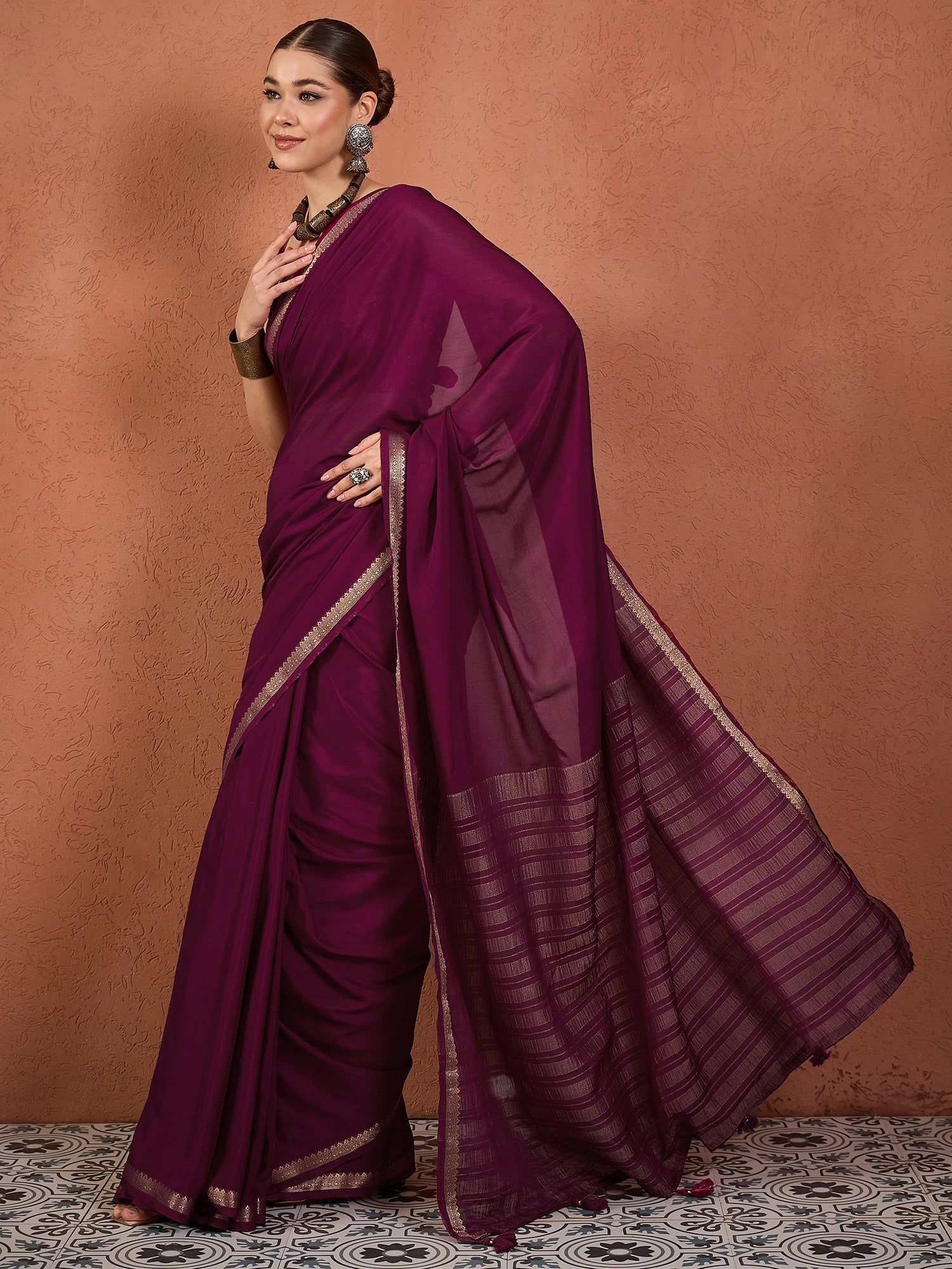 Wine Mysore Silk Saree with Zari Border - Ressa