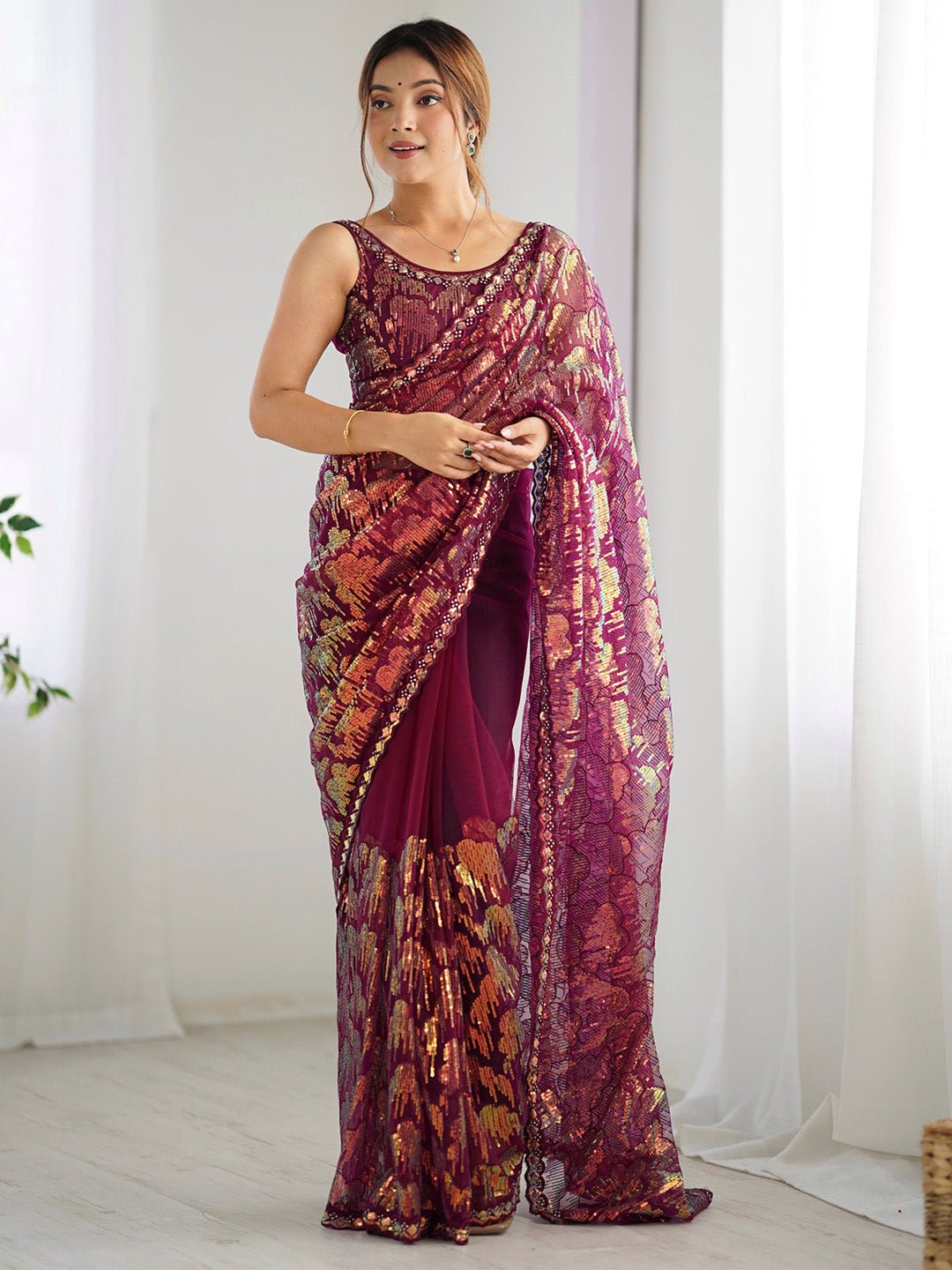 Wine Net Heavy Sequin Work Saree - Ressa