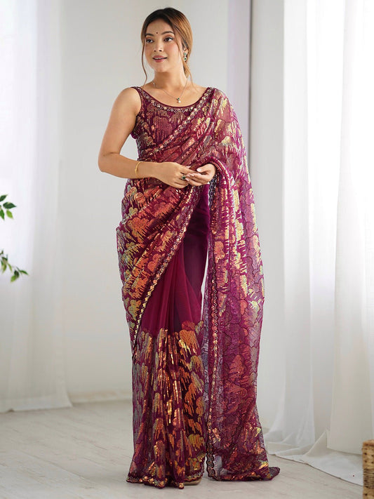 Wine Net Heavy Sequin Work Saree - Ressa