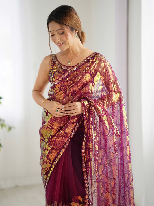 Wine Net Heavy Sequin Work Saree - Ressa