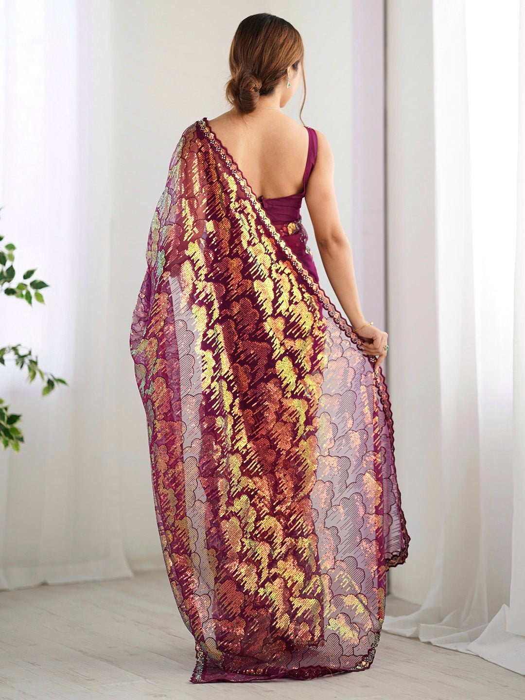 Wine Net Heavy Sequin Work Saree - Ressa