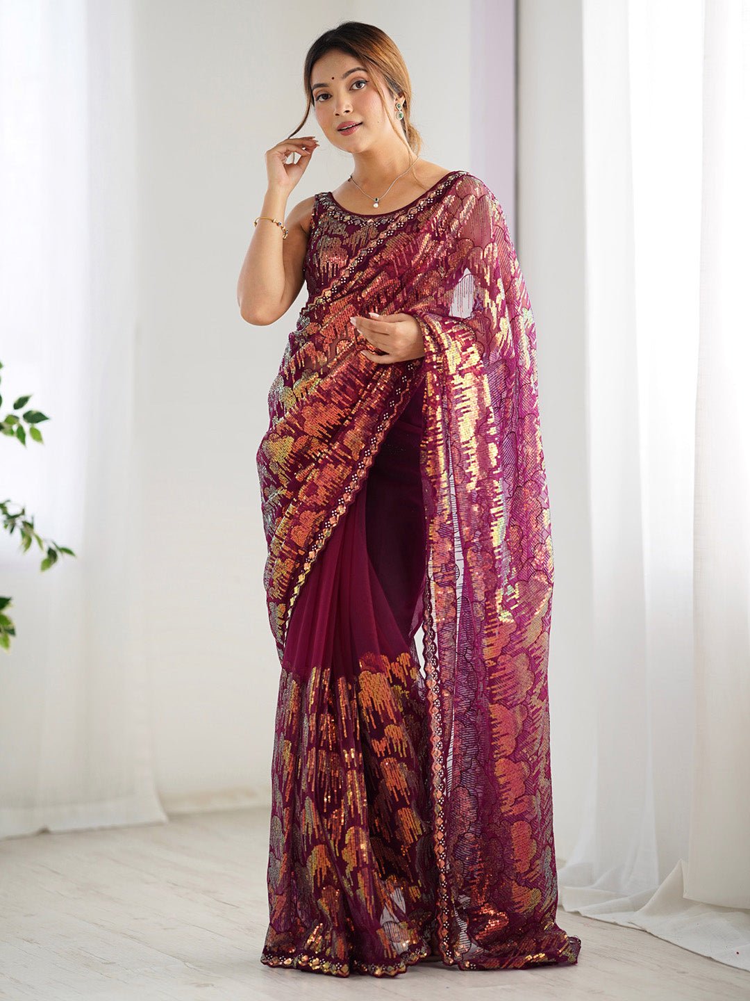 Wine Net Heavy Sequin Work Saree - Ressa