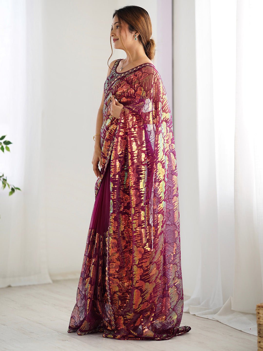 Wine Net Heavy Sequin Work Saree - Ressa