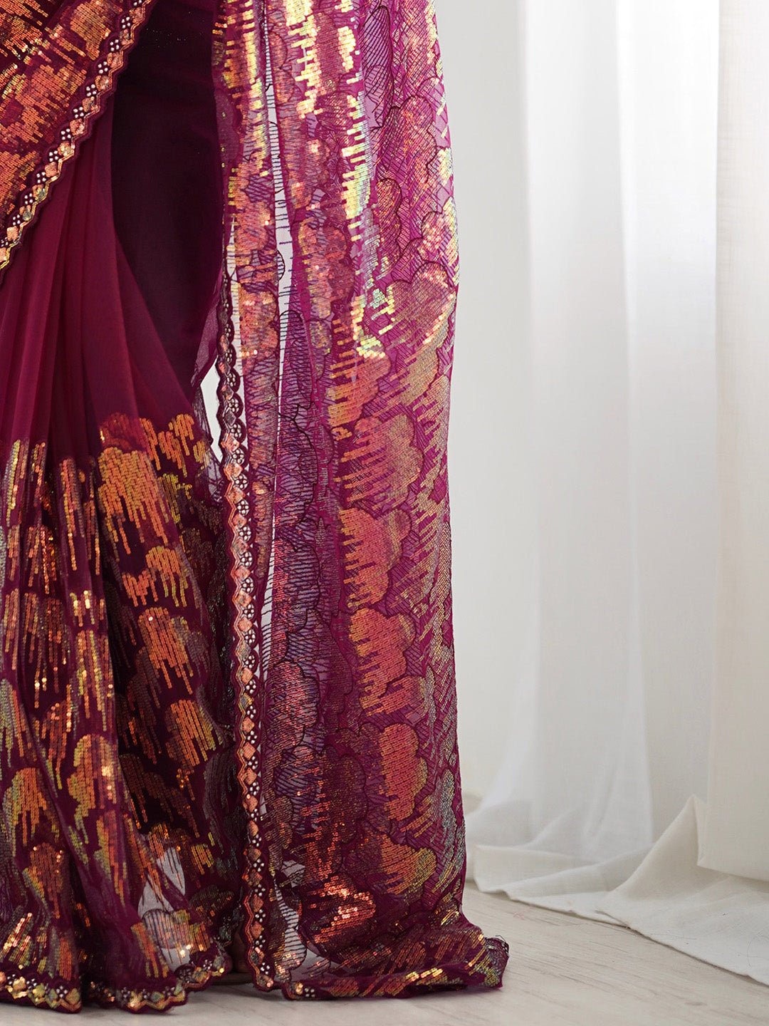 Wine Net Heavy Sequin Work Saree - Ressa