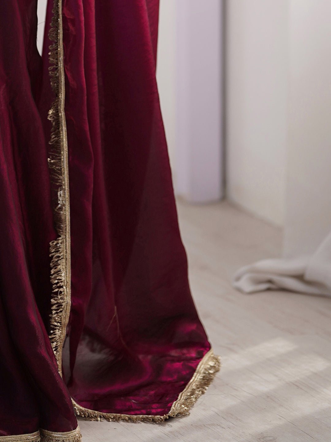 Wine Ombre Georgette Saree with Gold Fringe Tassel Border - Ressa