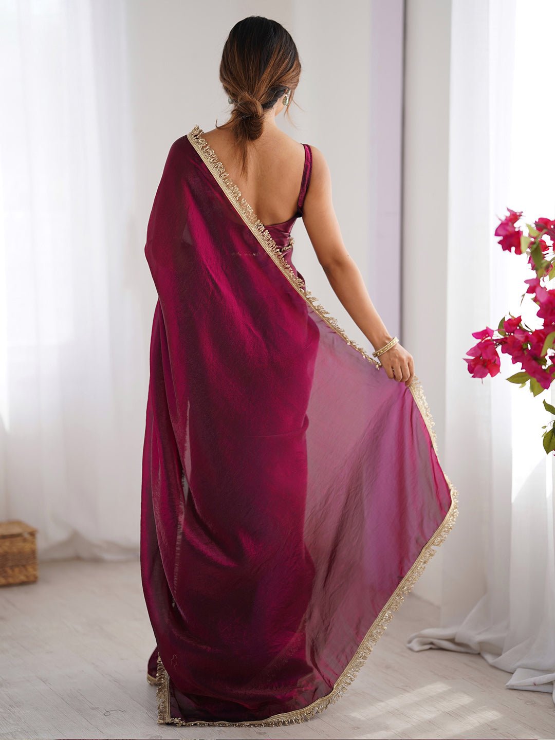 Wine Ombre Georgette Saree with Gold Fringe Tassel Border - Ressa
