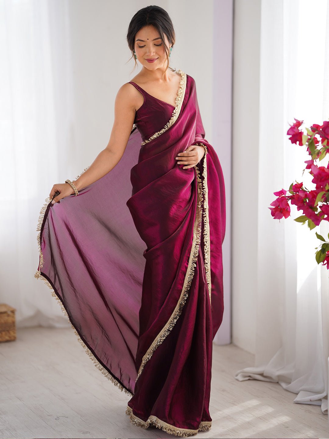 Wine Ombre Georgette Saree with Gold Fringe Tassel Border - Ressa
