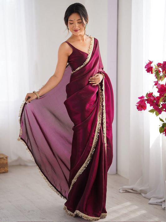 Wine Ombre Georgette Saree with Gold Fringe Tassel Border - Ressa