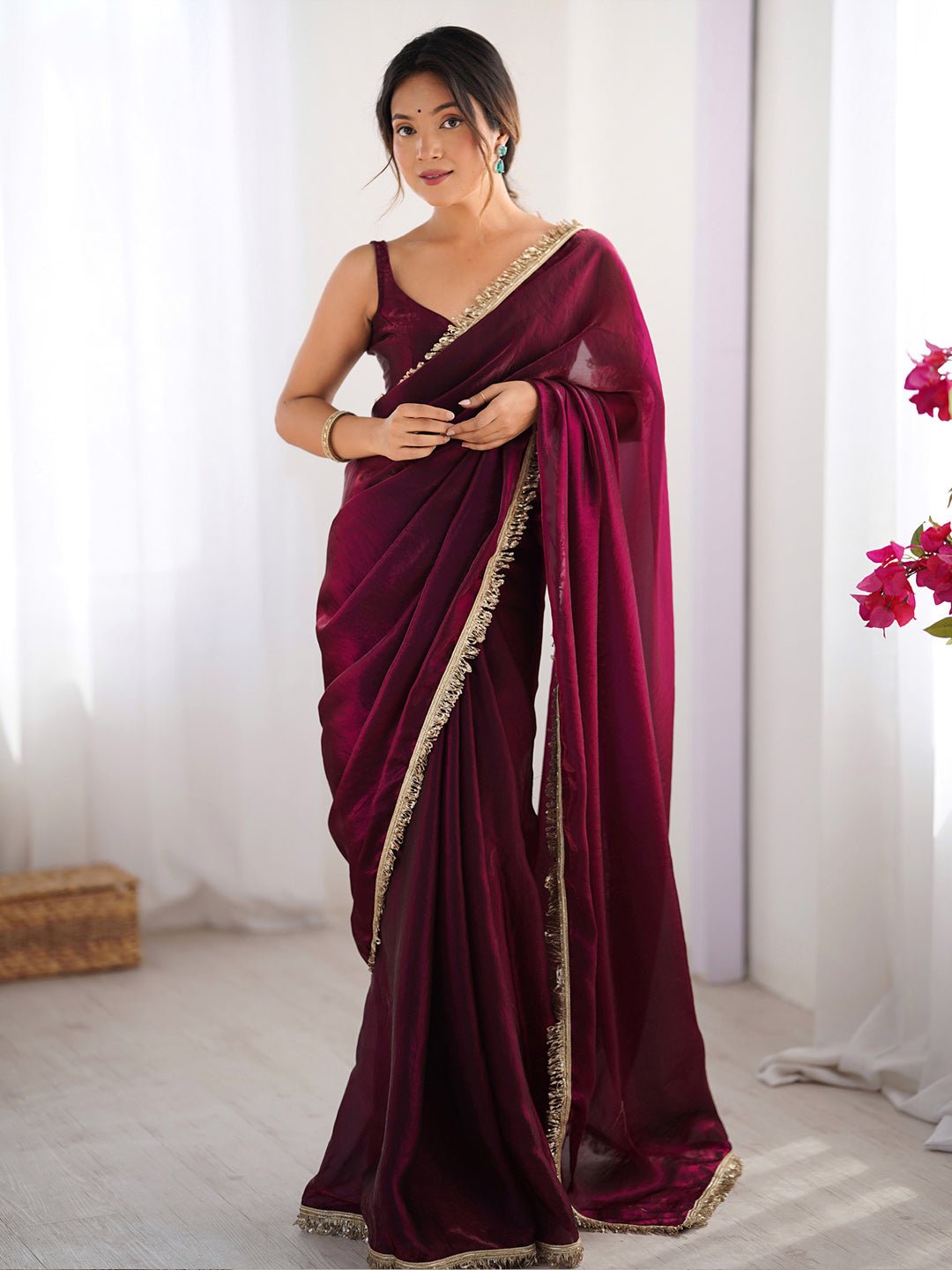 Wine Ombre Georgette Saree with Gold Fringe Tassel Border - Ressa