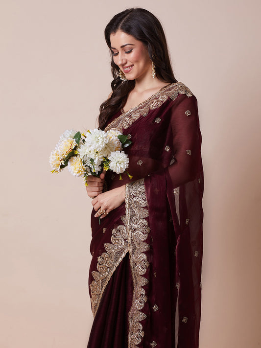 Wine Organza Embroidered Saree with Matching Blouse - Ressa