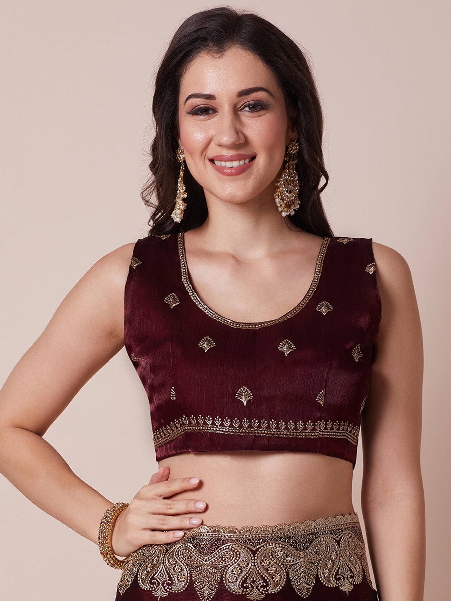 Wine Organza Embroidered Saree with Matching Blouse - Ressa