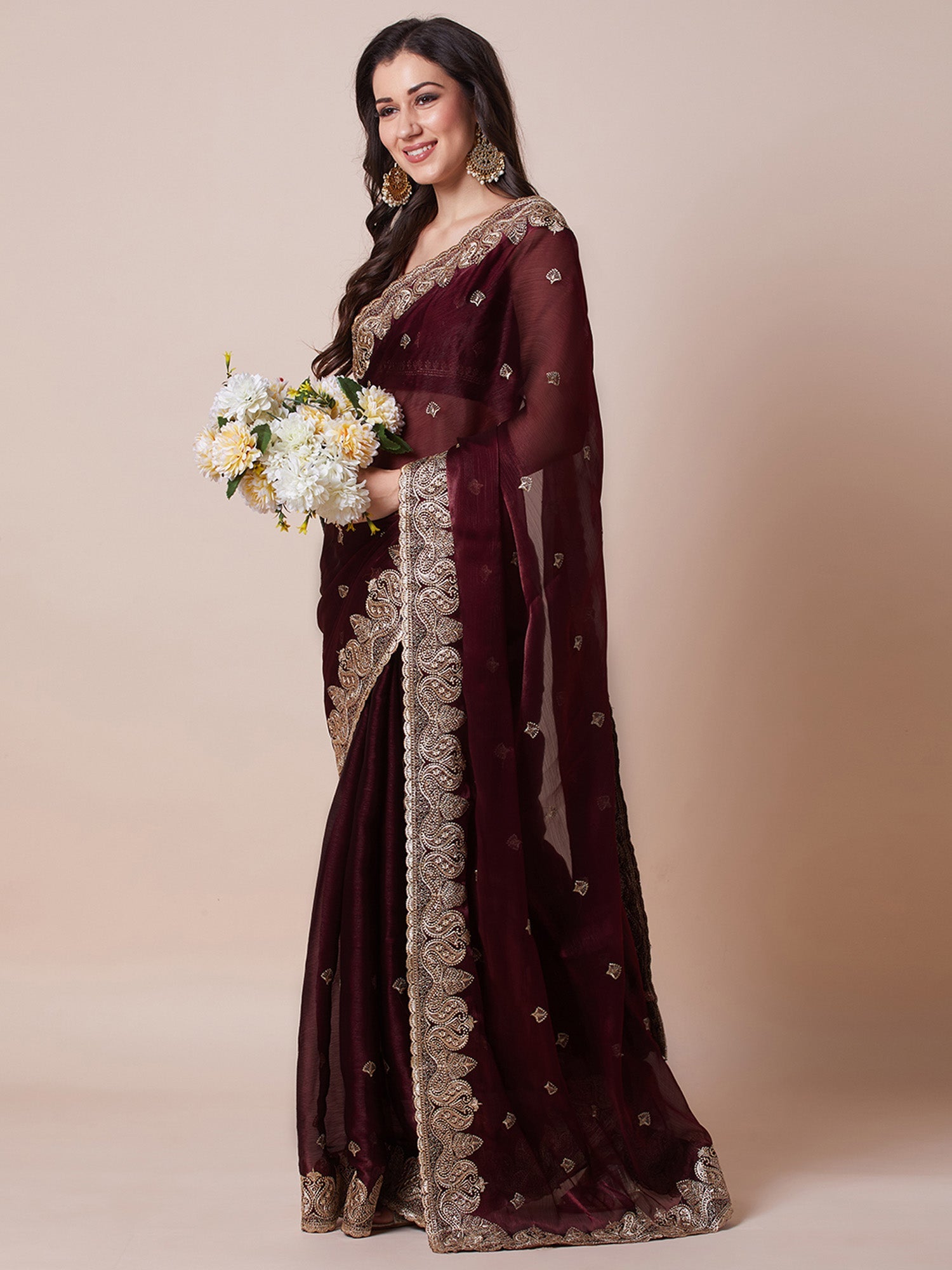 Wine Organza Embroidered Saree with Matching Blouse - Ressa