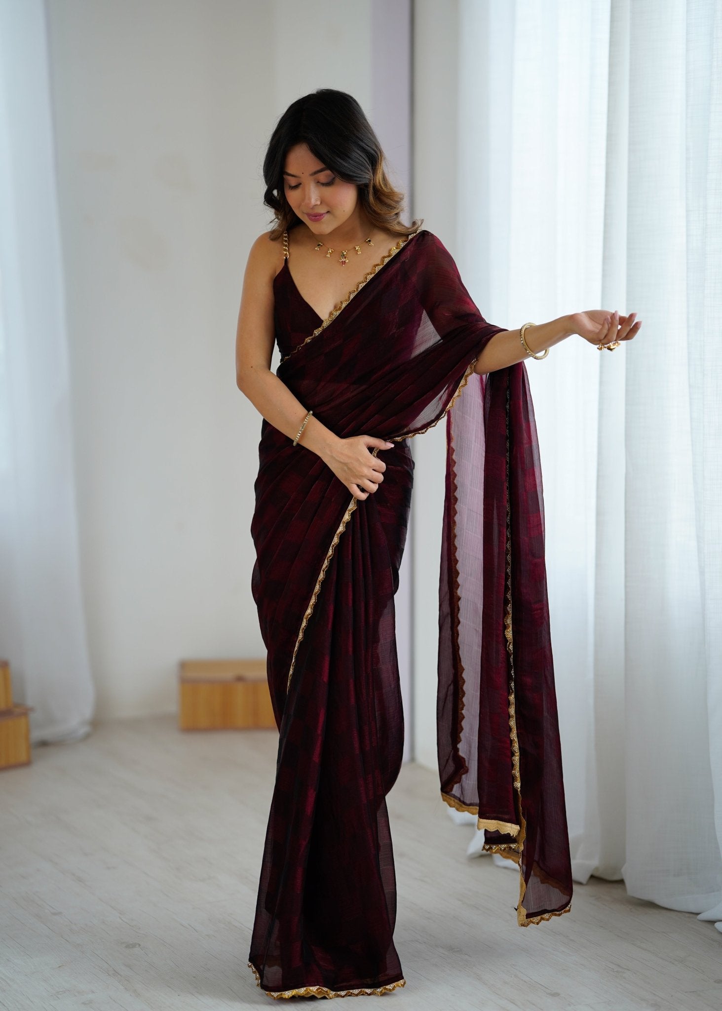 Wine Organza Saree with Gold Lace Border - Ressa