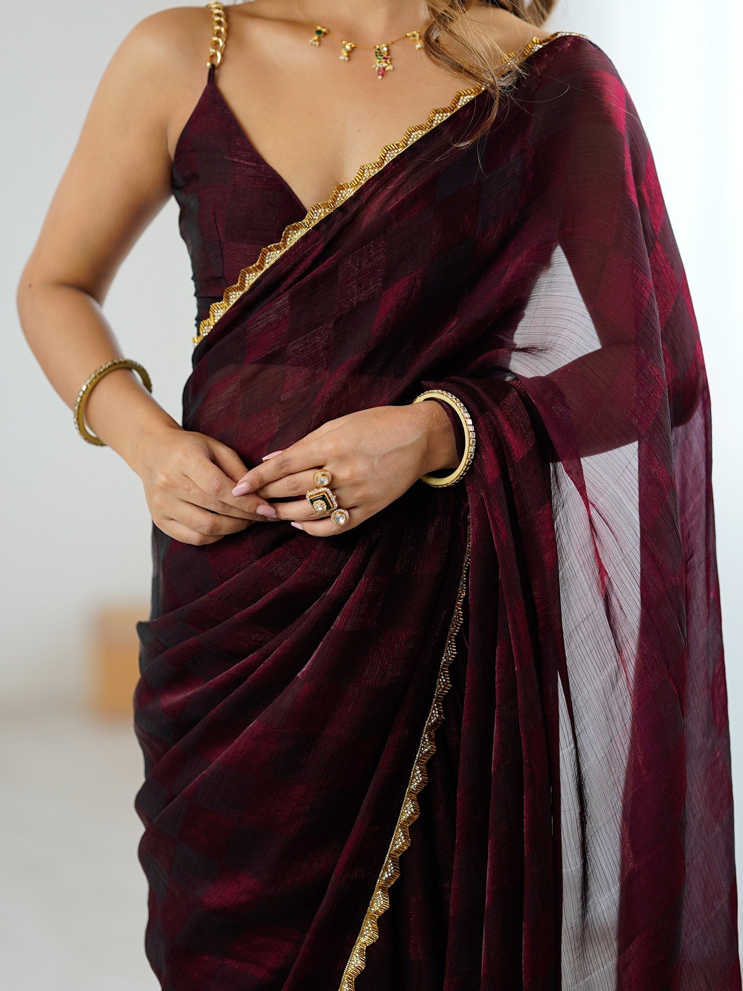 Wine Organza Saree with Gold Lace Border - Ressa