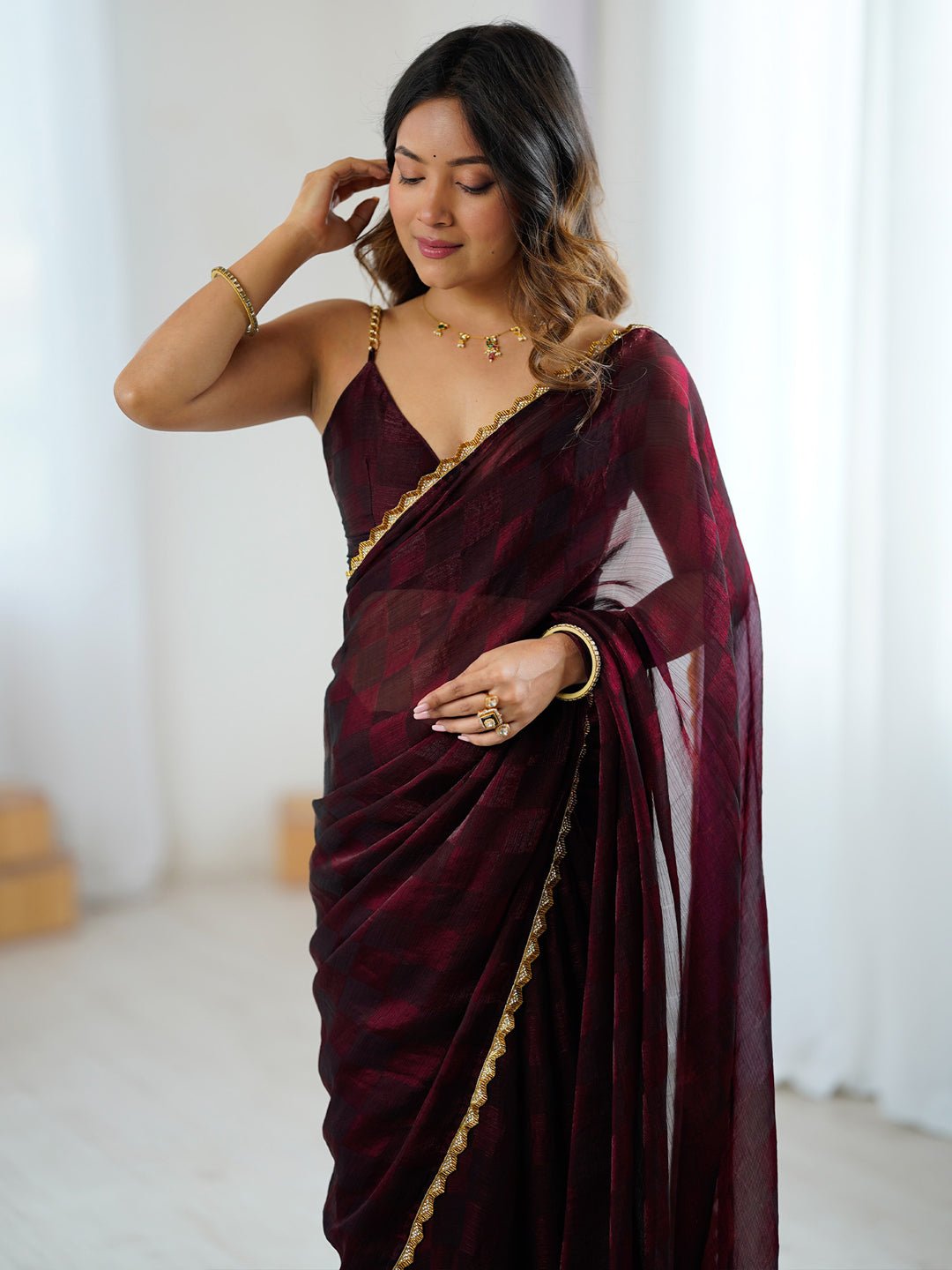 Wine Organza Saree with Gold Lace Border - Ressa