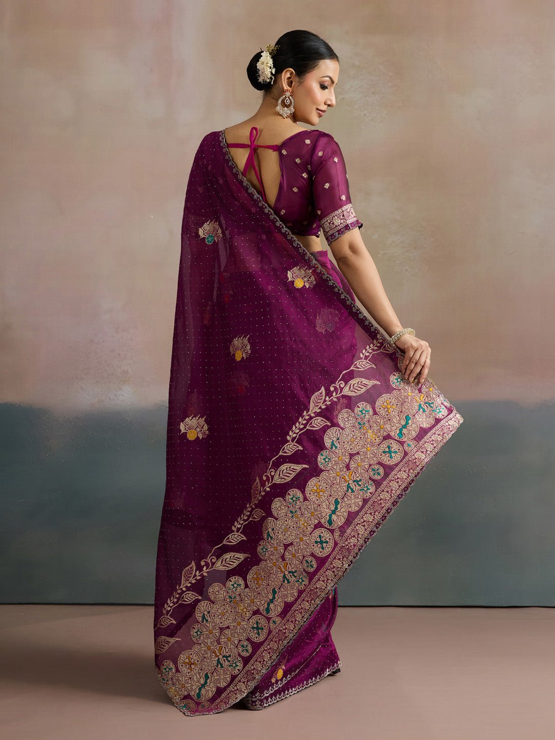 Wine Organza Saree with Zari Border - Ressa