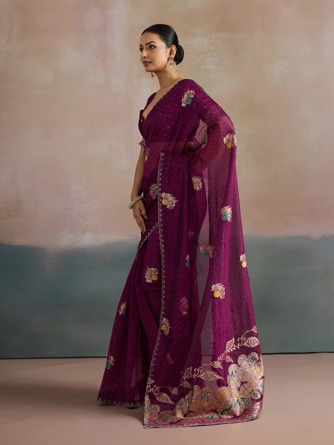 Wine Organza Saree with Zari Border - Ressa