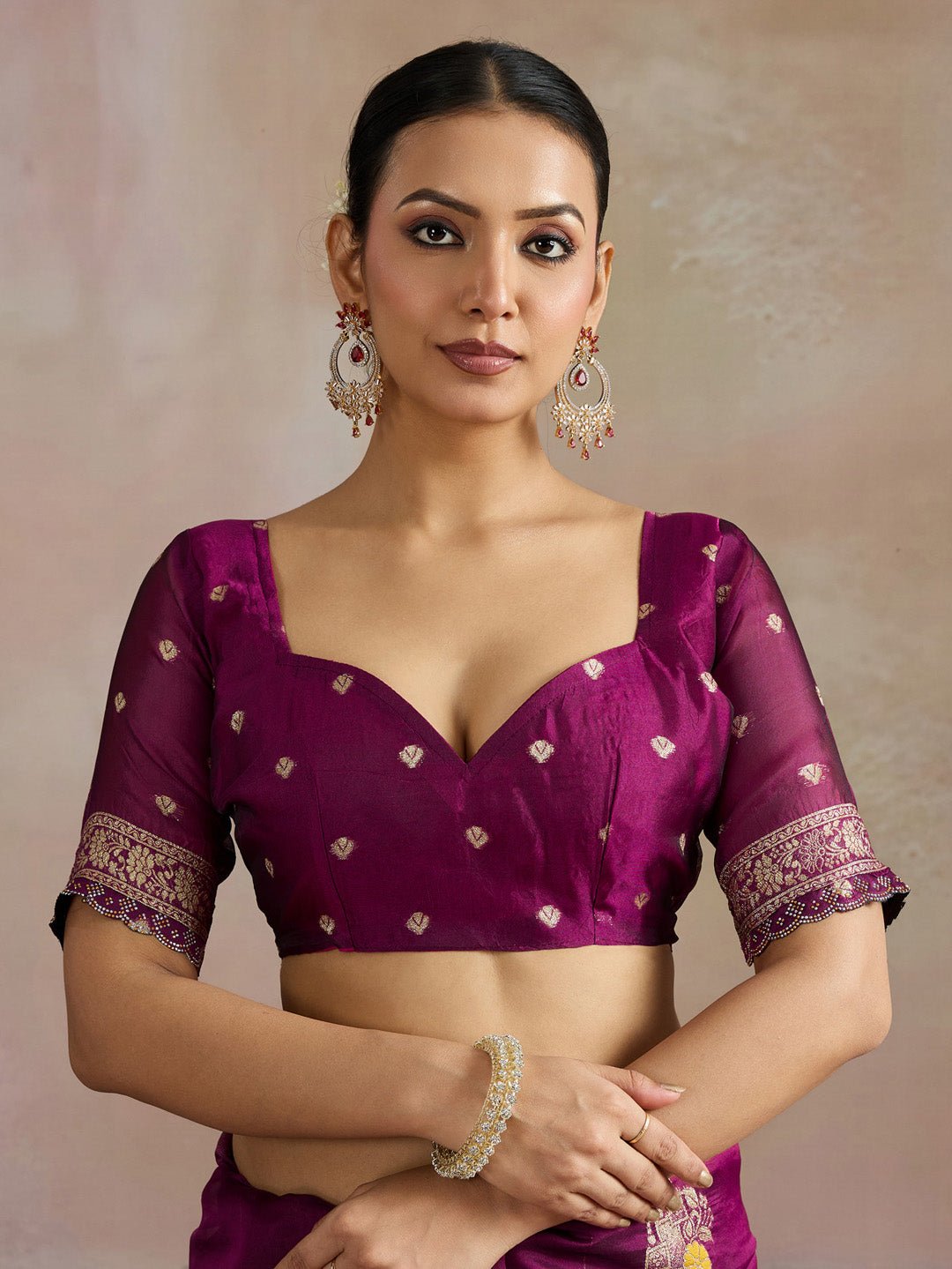 Wine Organza Saree with Zari Border - Ressa