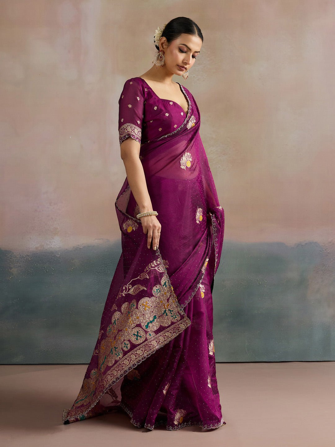 Wine Organza Saree with Zari Border - Ressa