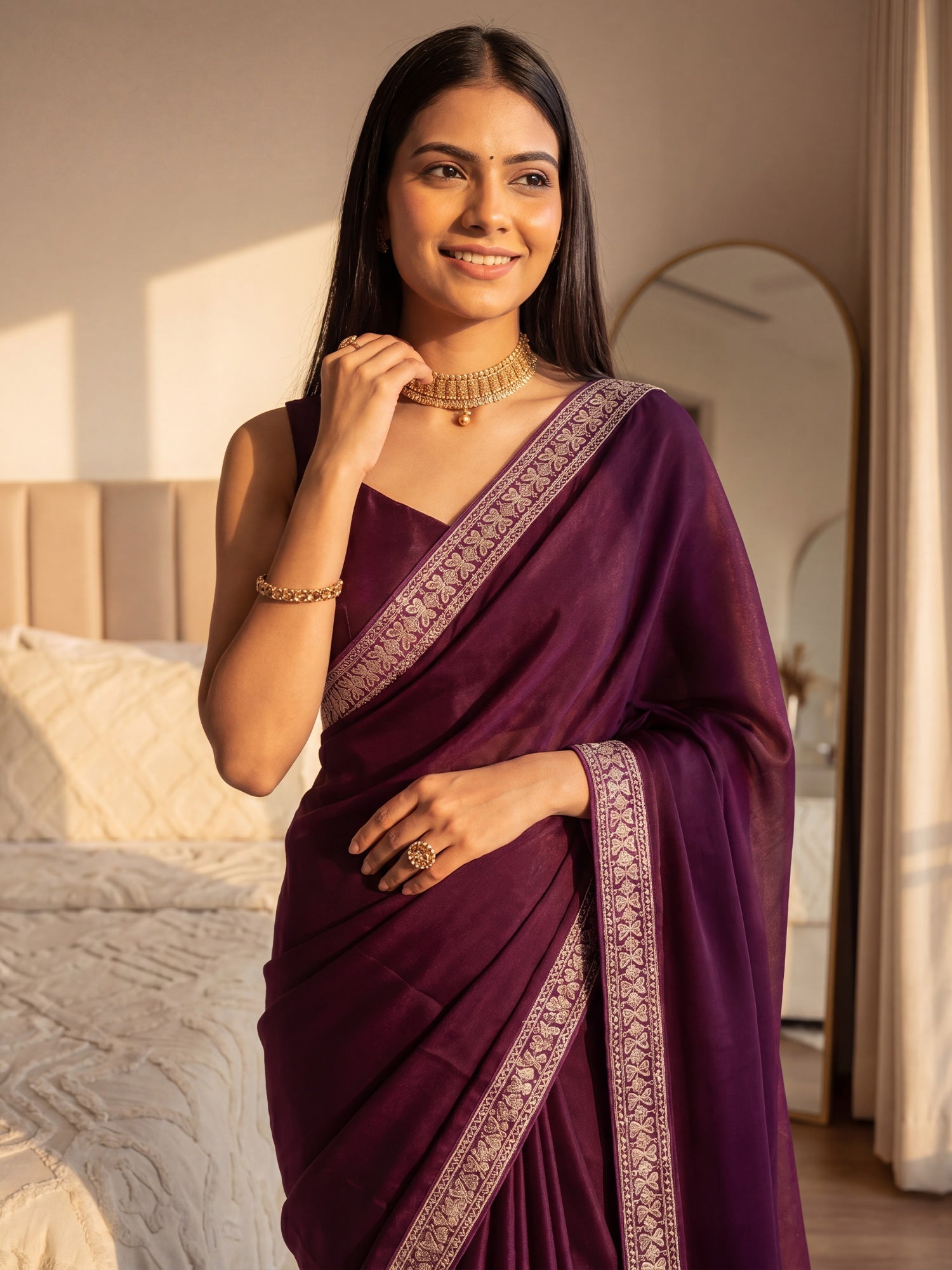 Wine Organza Silk Blend Saree - Ressa