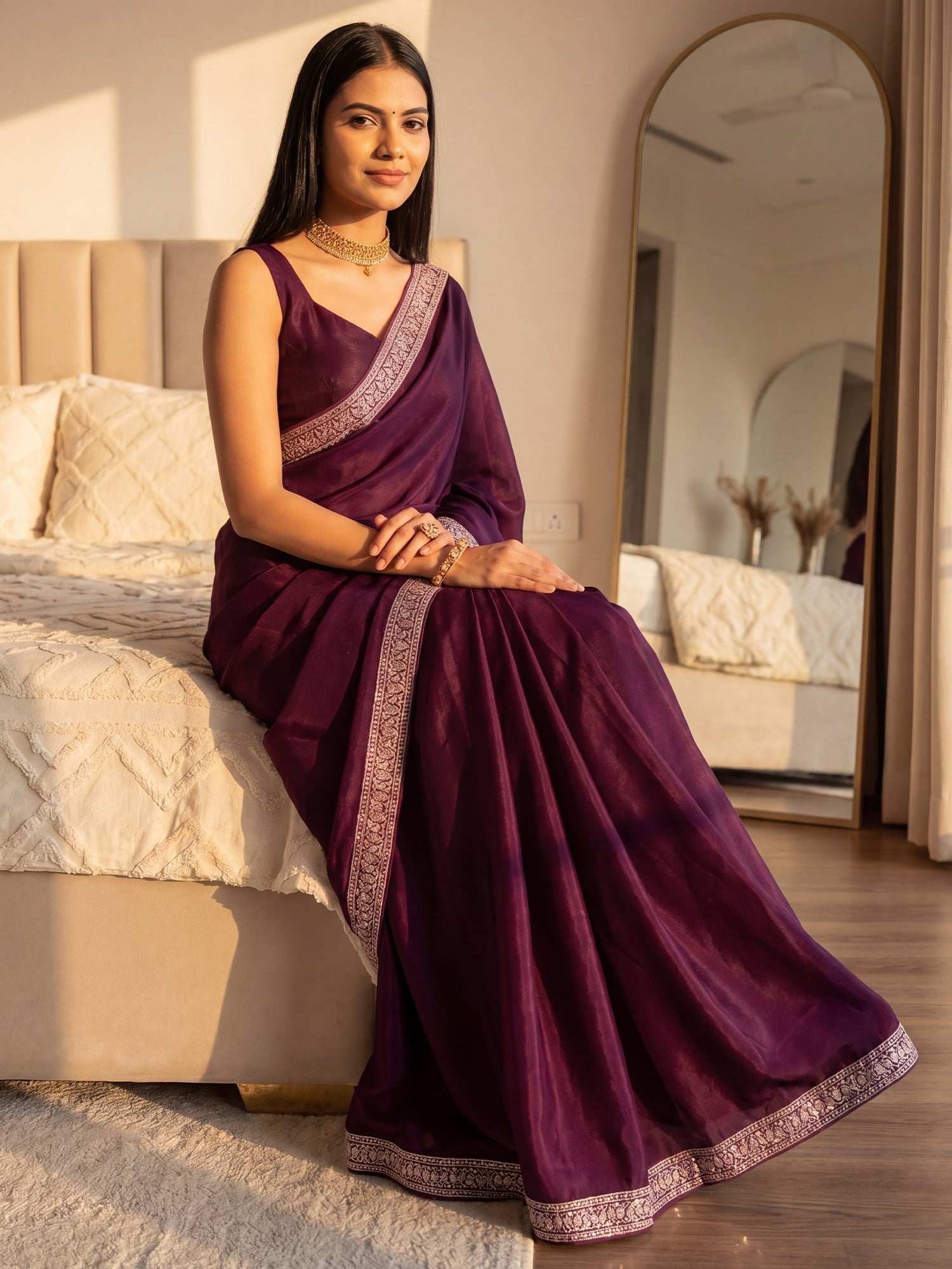 Wine Organza Silk Blend Saree - Ressa