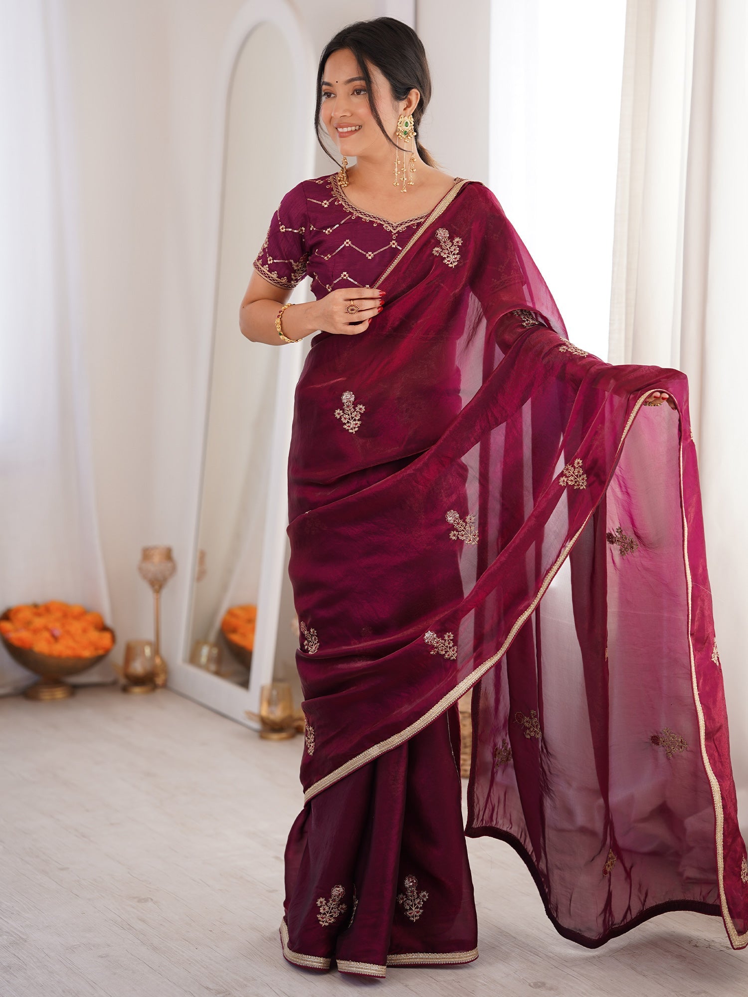 Wine Organza Silk Blend Saree - Ressa
