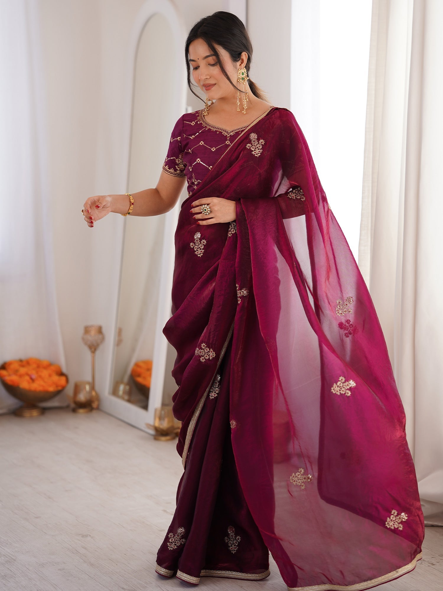 Wine Organza Silk Blend Saree - Ressa