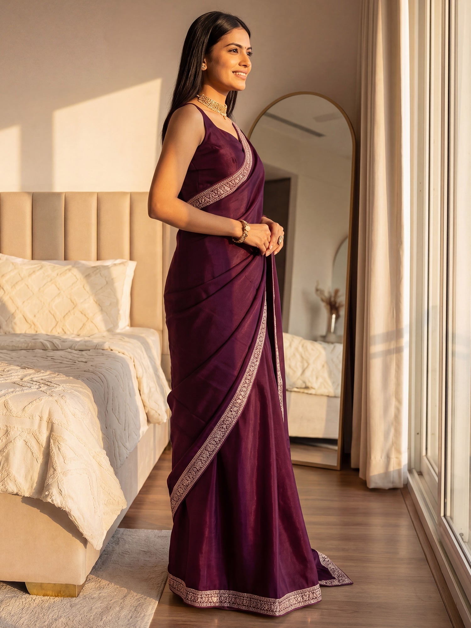 Wine Organza Silk Blend Saree - Ressa
