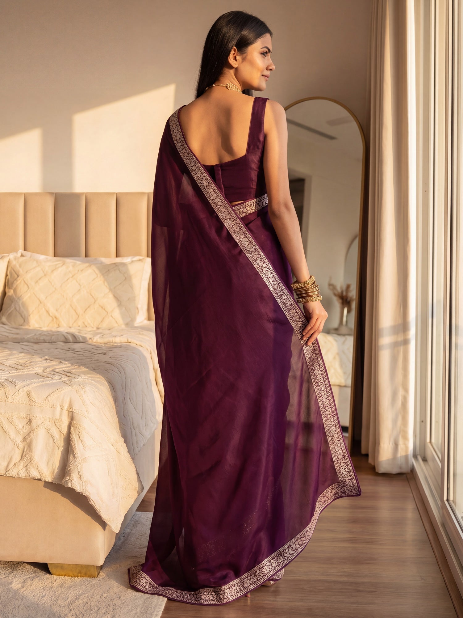Wine Organza Silk Blend Saree - Ressa