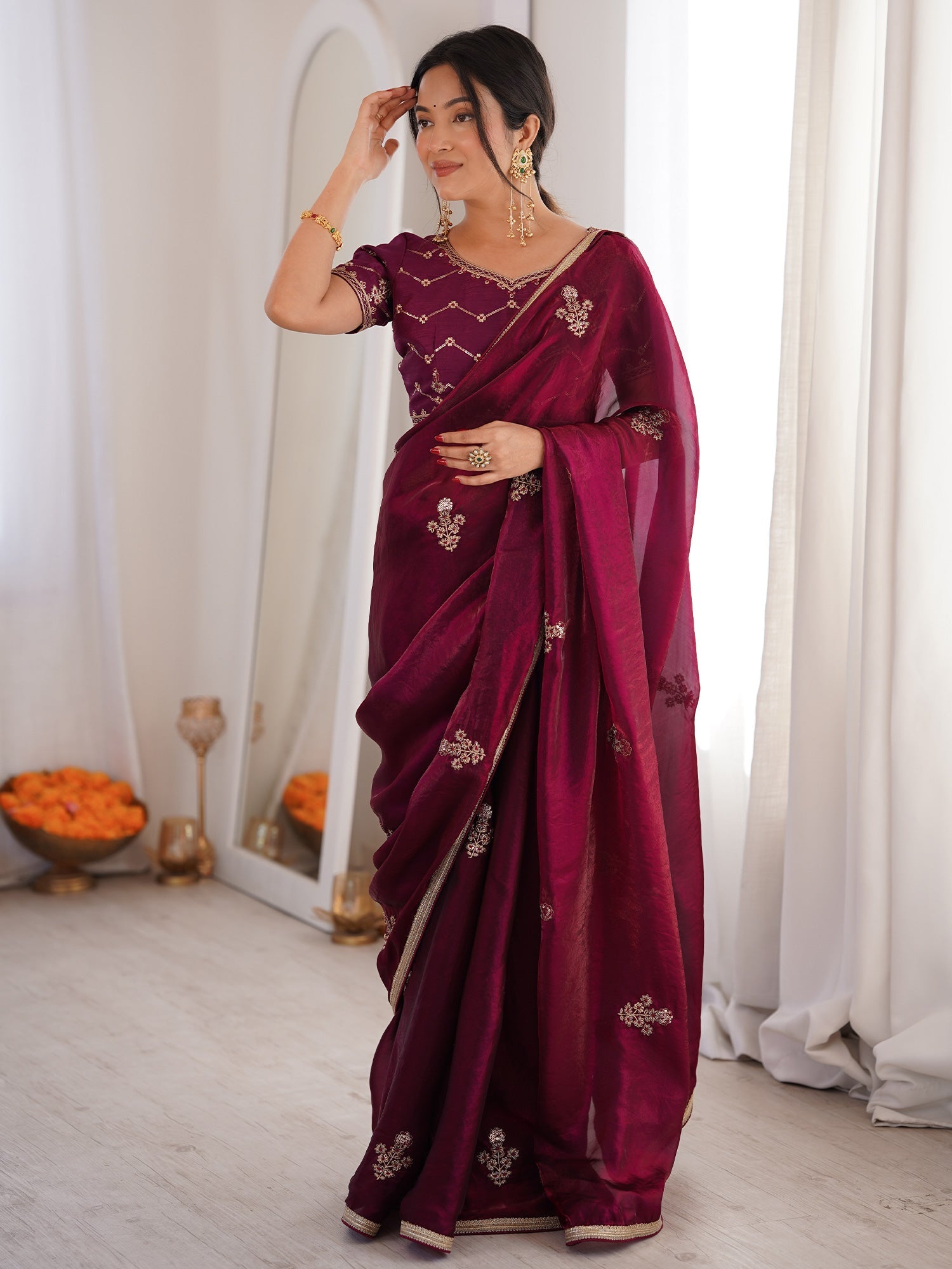 Wine Organza Silk Blend Saree - Ressa