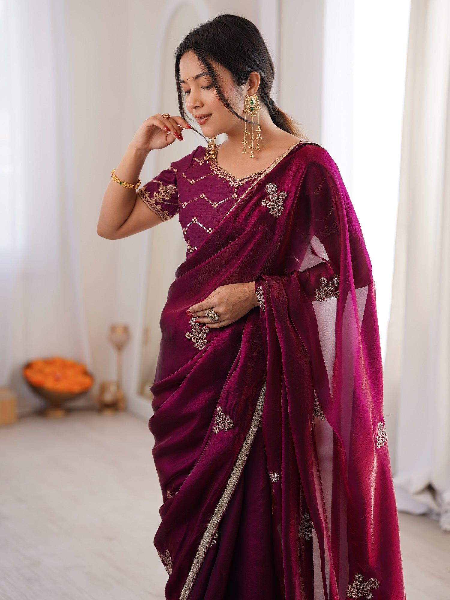 Wine Organza Silk Blend Saree - Ressa