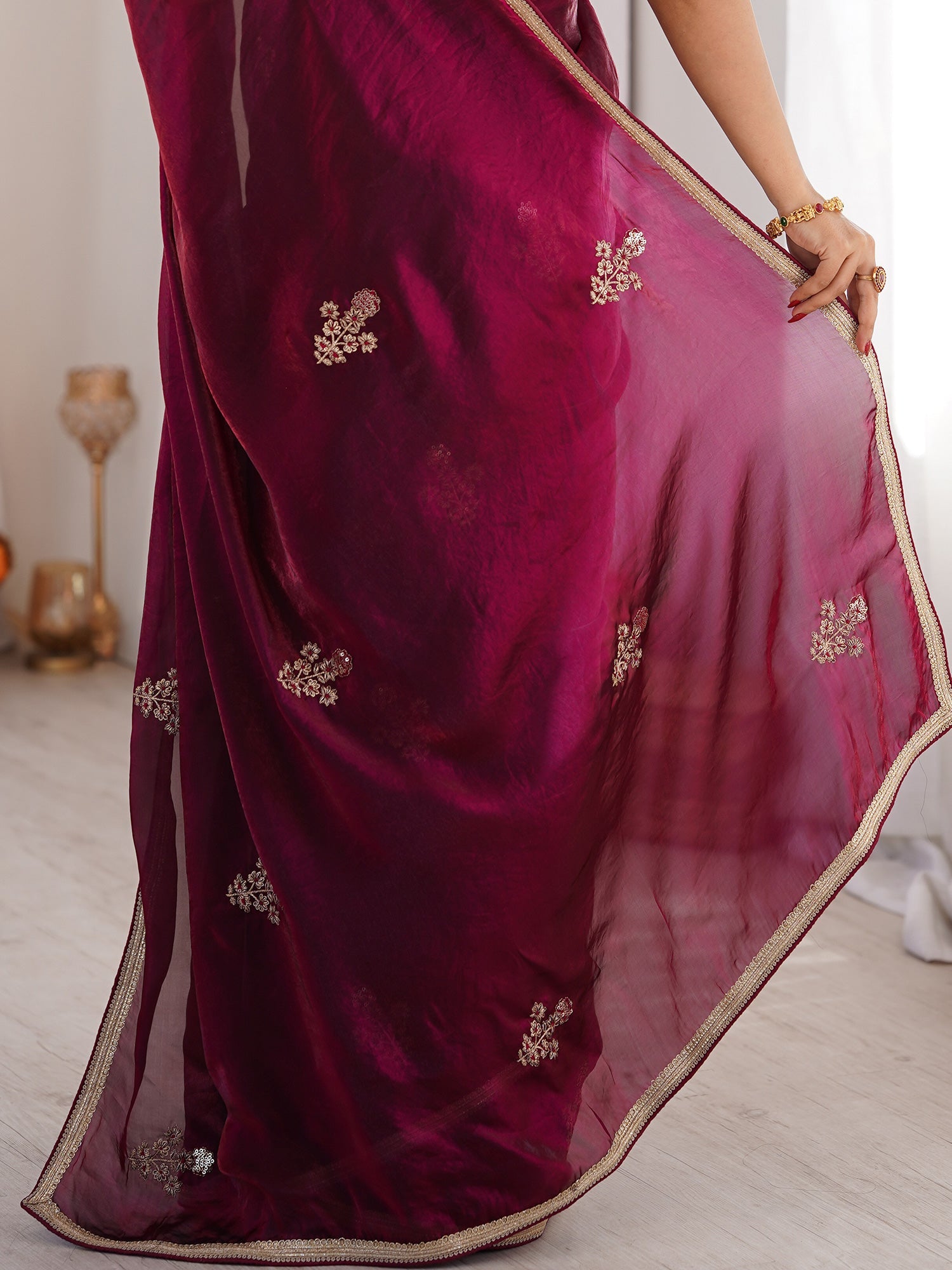 Wine Organza Silk Blend Saree - Ressa